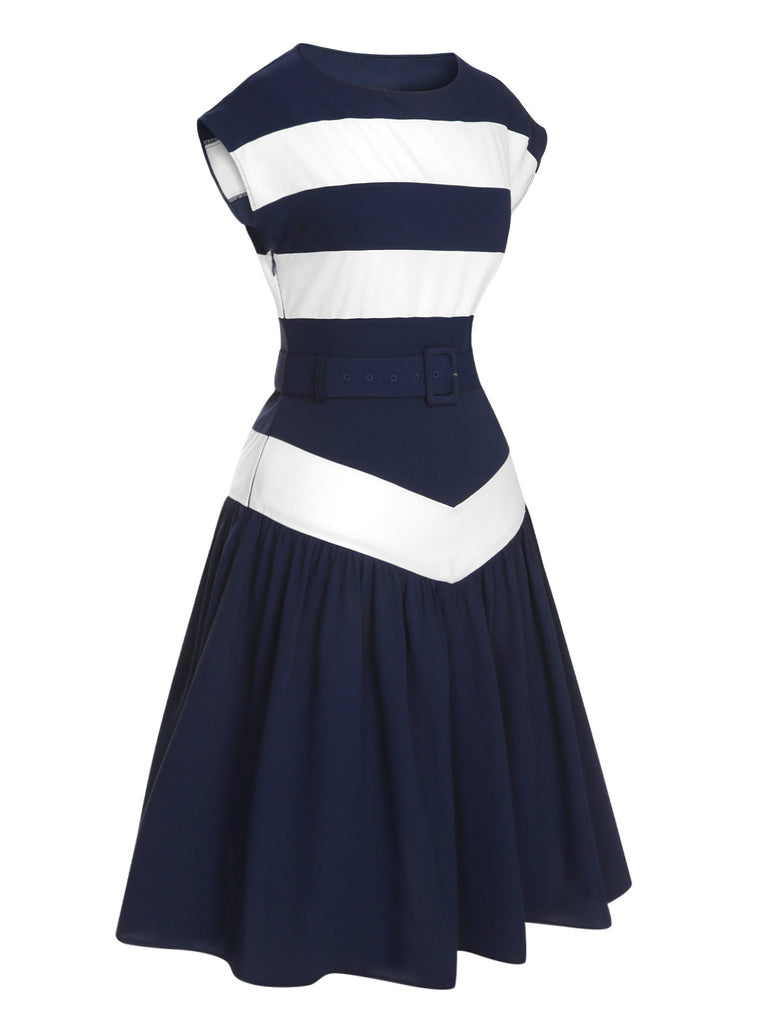 This Dark Blue 1940s Boat Neck Stripe Dress wraps her in 1940s elegance, one twirl at a time