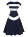 Dark Blue 1940s Boat Neck Stripe Dress — the kind of 1940s dress that makes strangers smile