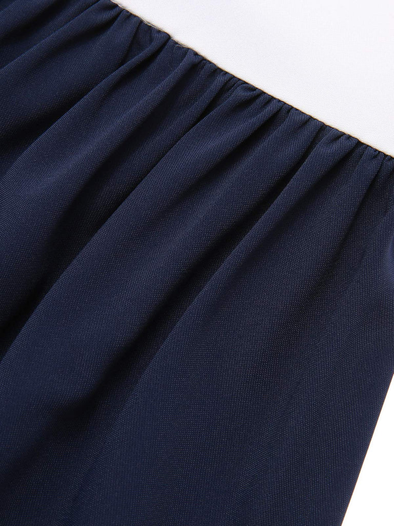 She slips into this Dark Blue 1940s Boat Neck Stripe Dress and suddenly it's a 1940s daydream