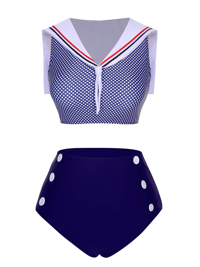 Dark Blue 1940s Dots Sailor Collar Swimsuit, vintage swimsuit, pin-up swimwear - perfect for women who love vintage and retro fashion