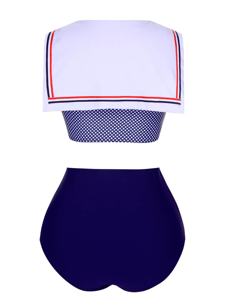 Dark Blue 1940s Dots Sailor Collar Swimsuit, vintage swimsuit, pin-up swimwear - perfect for women who love vintage and retro fashion