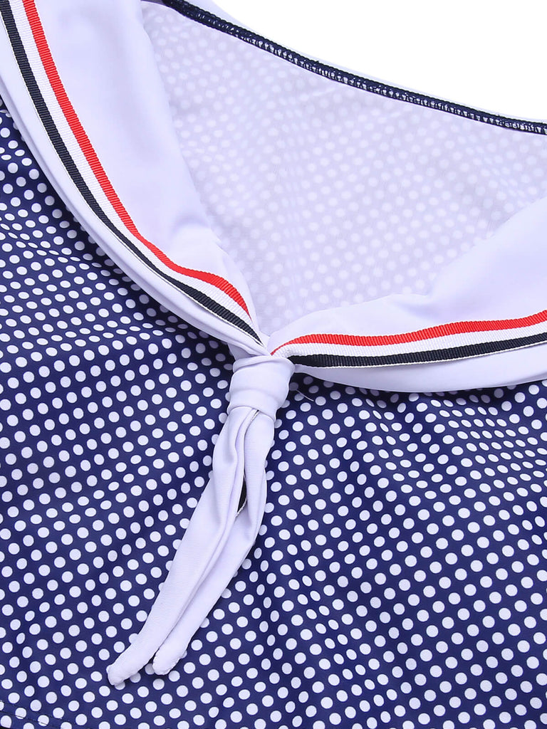 Dark Blue 1940s Dots Sailor Collar Swimsuit, vintage swimsuit, pin-up swimwear - perfect for women who love vintage and retro fashion