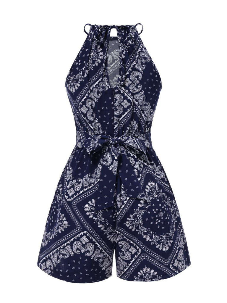 Dark Blue 1940s Paisley Drawstring Romper — 1940s style that transcends decades