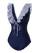 Dark Blue 1940s Striped Ruffled Swimsuit — because 1940s glamour never goes out of style