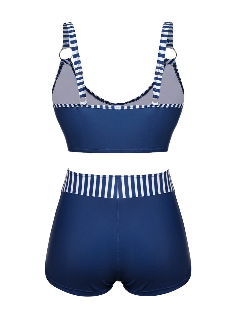 Dark Blue 1940s Stripes Strap Drawstring Swimsuit, vintage swimsuit, pin-up swimwear - perfect for women who love vintage and retro fashion