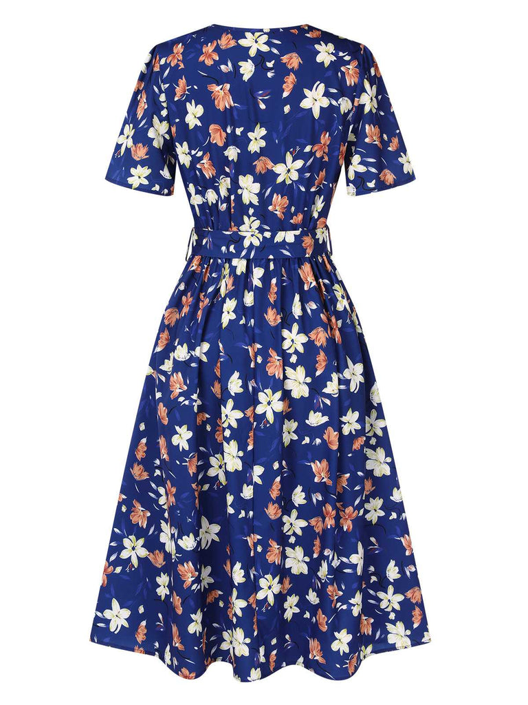 Dark Blue 1940s V-Neck Floral Dress, vintage dress, retro fashion, floral print - perfect for women who love vintage and retro fashion