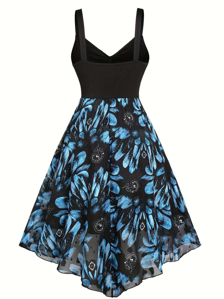 Dark Blue 1950s Feather Jacquard Asymmetric Dress - vintage dress, retro fashion, rockabilly