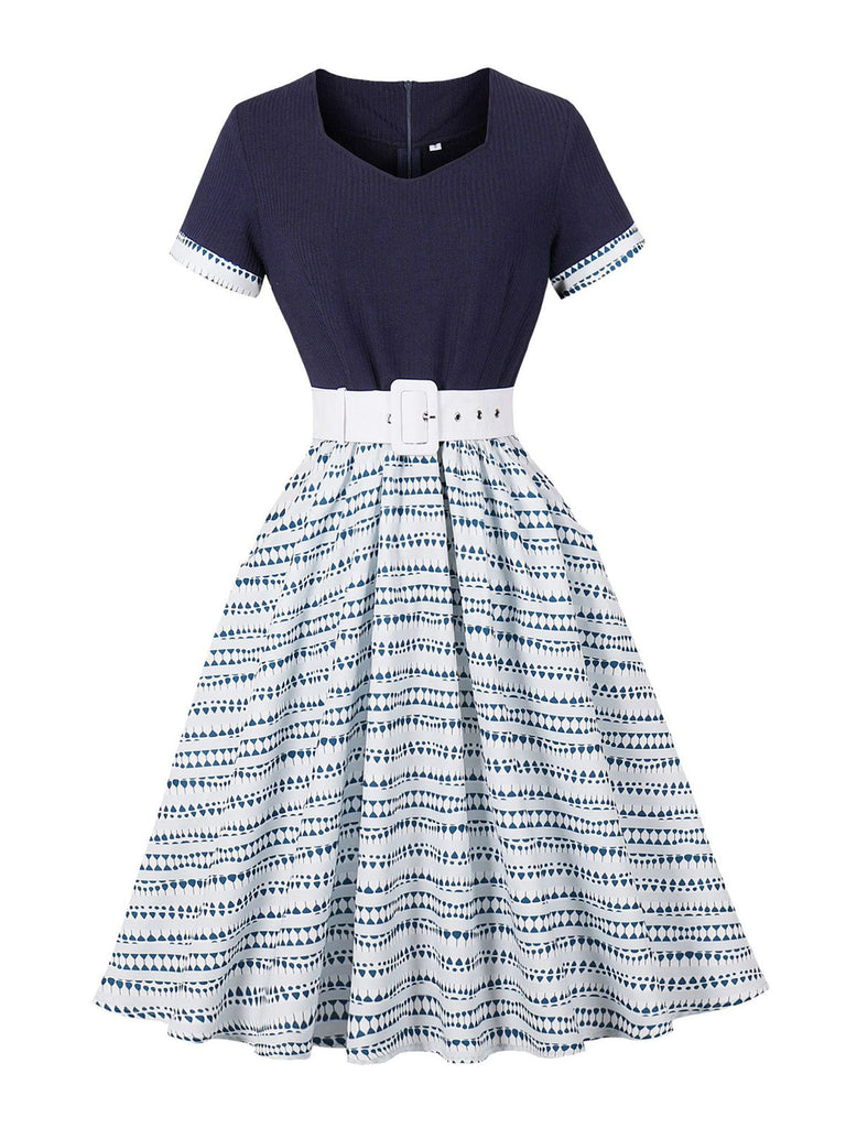 Dark Blue 1950s Geometric Print Belted Swing Dress, vintage dress, retro fashion, rockabilly, pin-up fashion - perfect for women who love vintage and retro fashion
