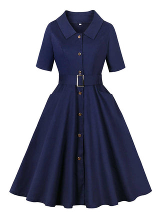 She slips into this Dark Blue 1950s Peter Pan Collar Belted Dress and suddenly it's a 1950s daydream
