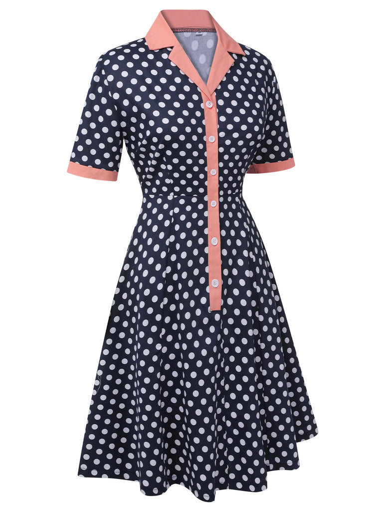 Dark Blue 1950s Polka Dot Lapel Dress: where 1950s romance meets her modern spirit
