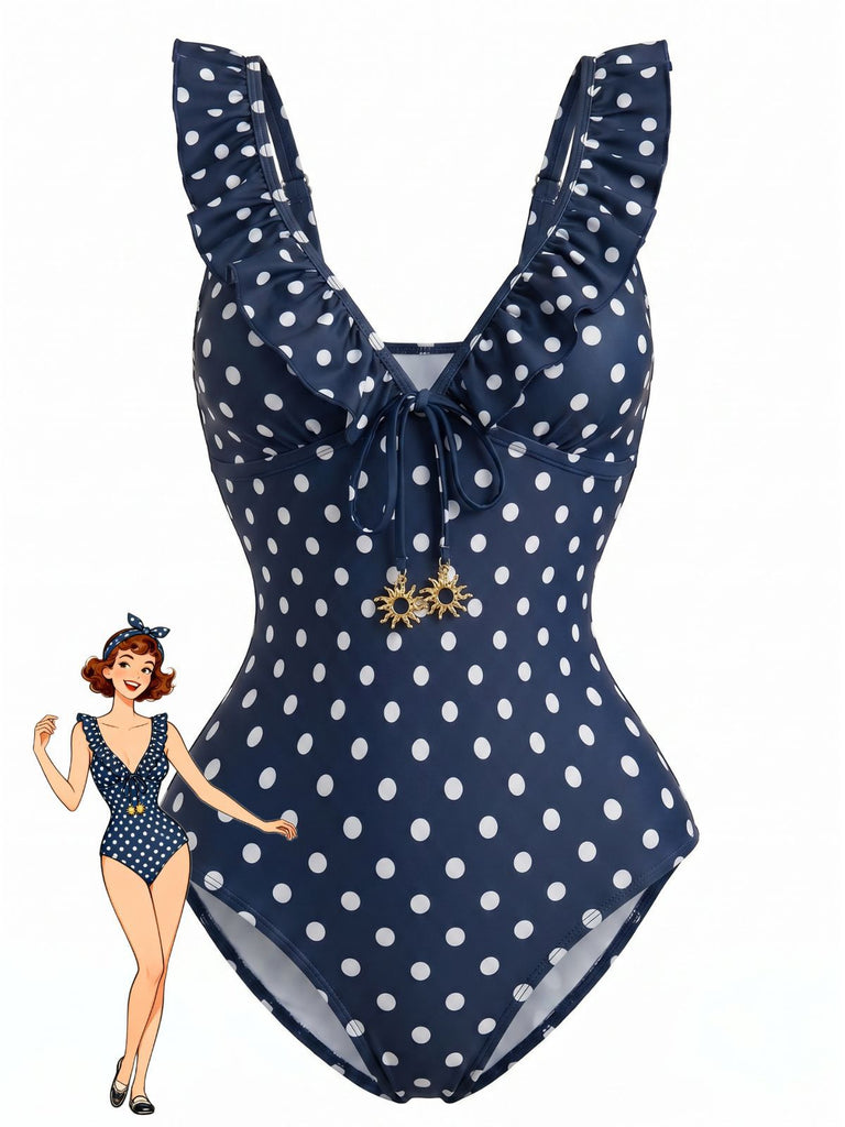 Dark Blue 1950s Polka Dot Ruffled V-Neck One-Piece Swimsuit, vintage swimsuit, pin-up swimwear - perfect for women who love vintage and retro fashion