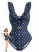Dark Blue 1950s Polka Dot Ruffled V-Neck One-Piece Swimsuit, vintage swimsuit, pin-up swimwear - perfect for women who love vintage and retro fashion