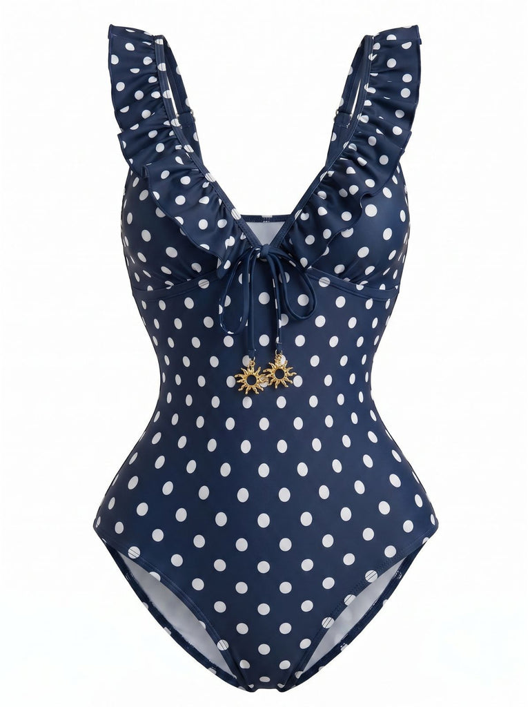 Dark Blue 1950s Polka Dot Ruffled V-Neck One-Piece Swimsuit, vintage swimsuit, pin-up swimwear - perfect for women who love vintage and retro fashion