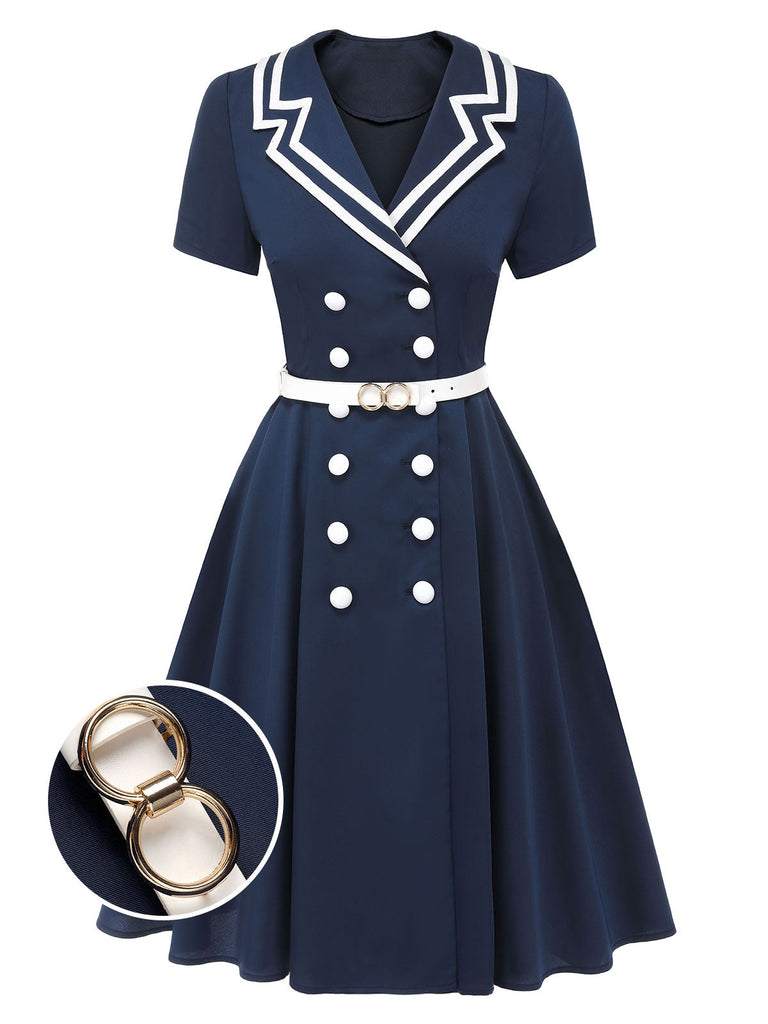 Dark Blue 1950s Sailor Style Double Breasted Dress: where 1950s romance meets her modern spirit