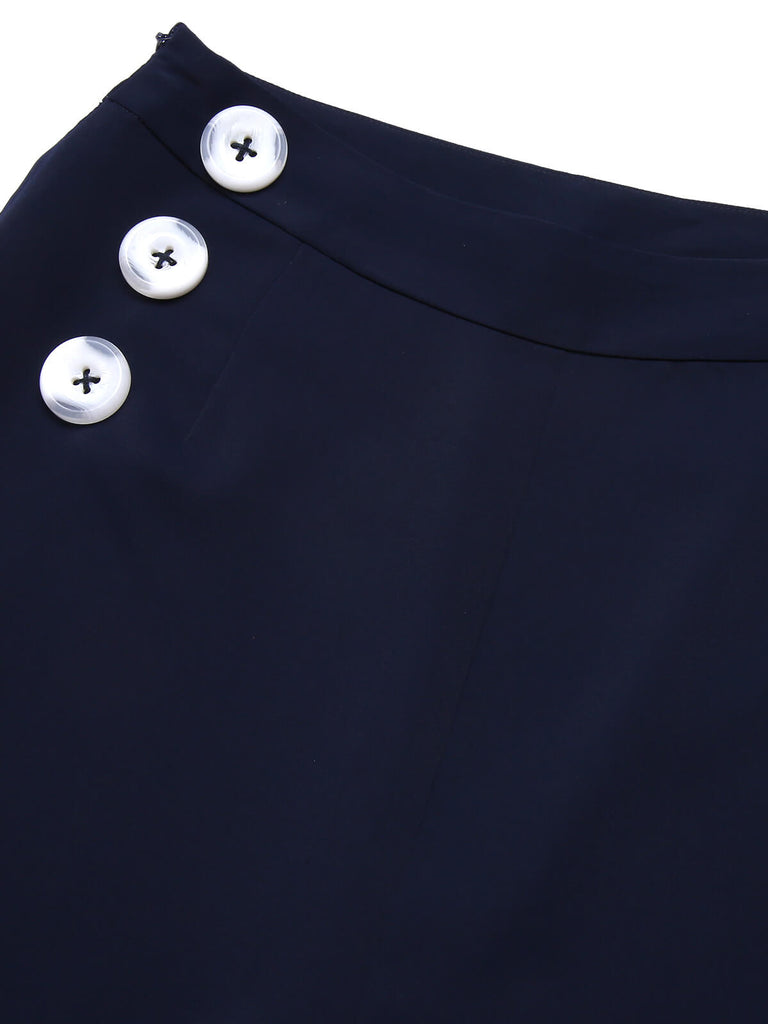 Dark Blue 1950s Solid Button Straight Pants, vintage fashion, retro style - perfect for women who love vintage and retro fashion