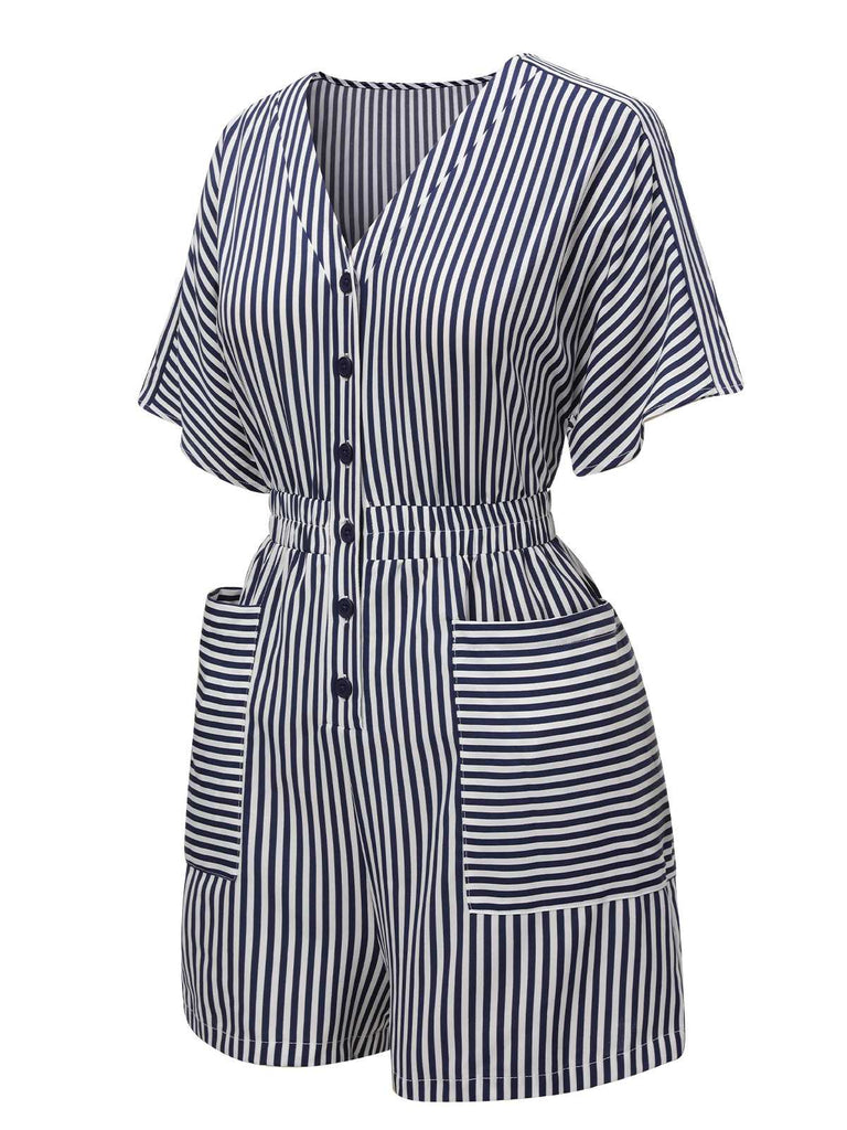 Dark Blue 1950s V-Neck Pockets Stripes Romper: timeless 1950s elegance she makes her own