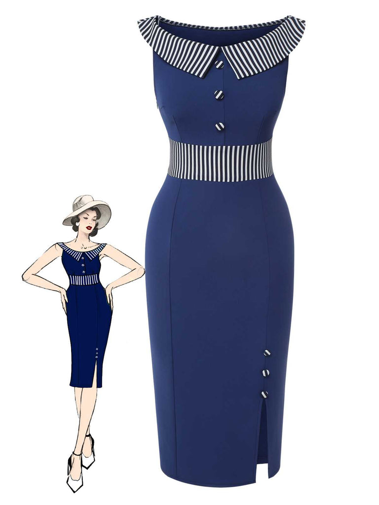She slips into this Dark Blue 1960s Buttoned Stripes Dress and suddenly it's a 1960s daydream