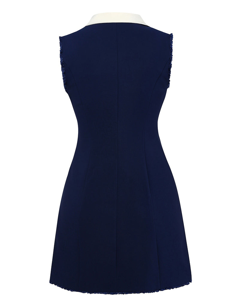 Dark Blue 1960s Contrast Raw Cuffs Buttons Dress - vintage dress, retro fashion