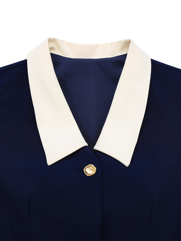 Dark Blue 1960s Contrast Raw Cuffs Buttons Dress - vintage dress, retro fashion