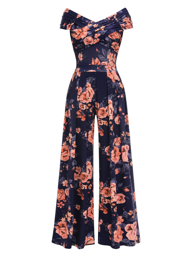 She finds her 1960s story in this Dark Blue 1960s Off-Shoulder Floral Jumpsuit
