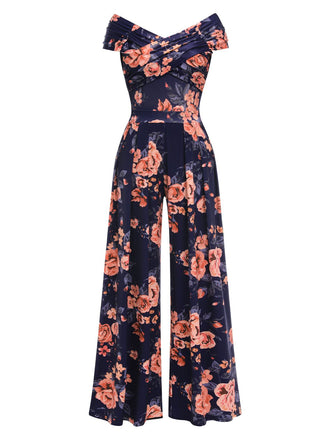 She finds her 1960s story in this Dark Blue 1960s Off-Shoulder Floral Jumpsuit