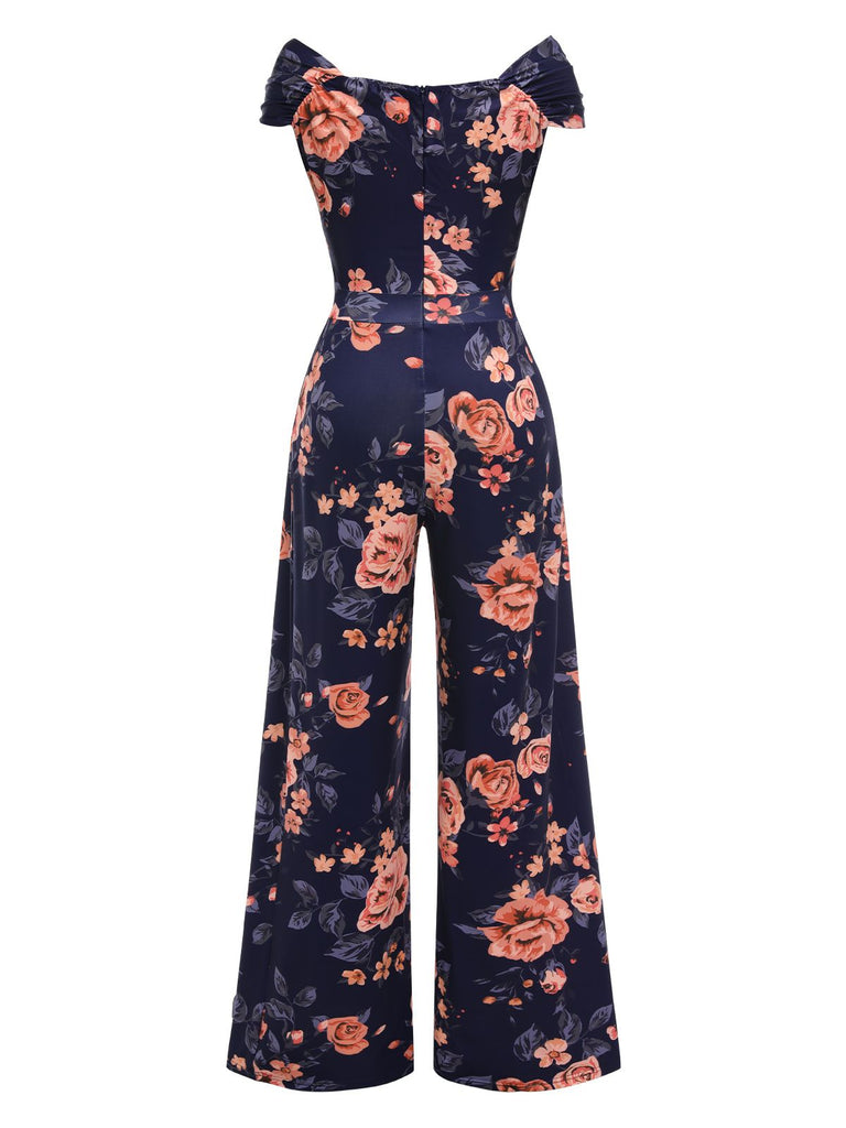 Dark Blue 1960s Off-Shoulder Floral Jumpsuit: timeless 1960s elegance she makes her own