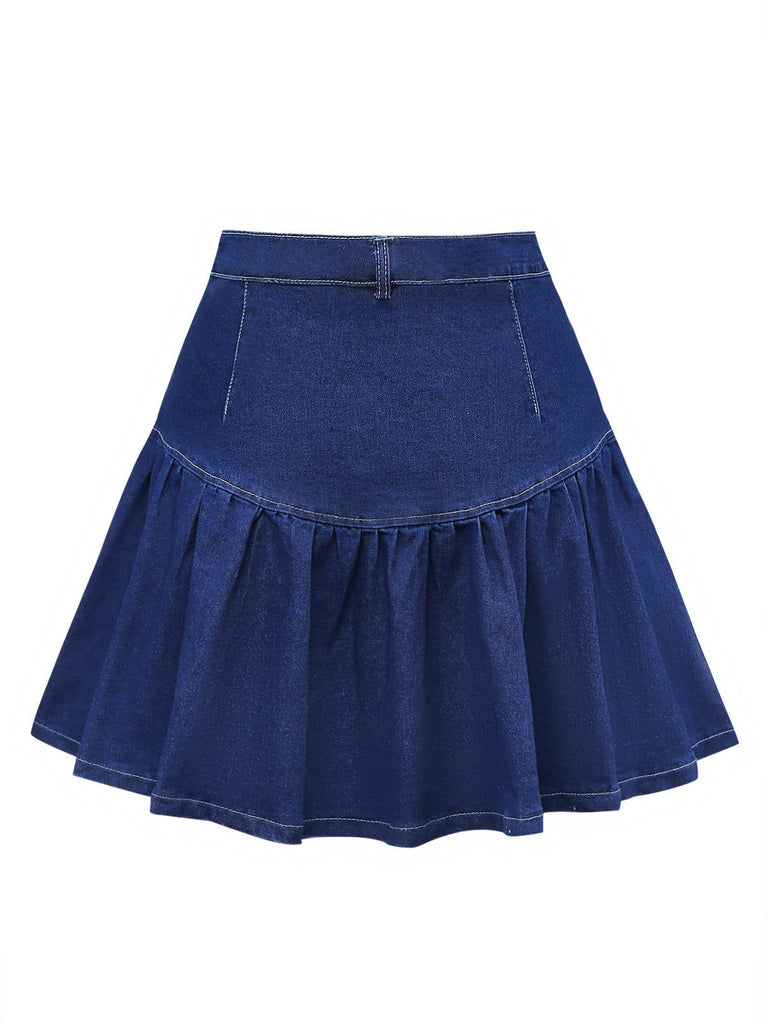 Dark Blue 1960s Ruffled Denim Skirt - vintage skirt, retro style