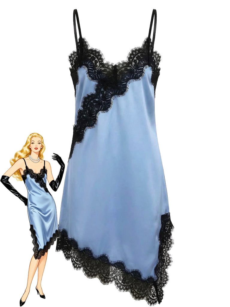 Dark Blue 1960s Satin Lace Spaghetti Strap Nightgown - vintage lingerie, retro nightgown, elegant sleepwear for vintage lovers