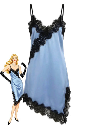 Dark Blue 1960s Satin Lace Spaghetti Strap Nightgown - vintage lingerie, retro nightgown, elegant sleepwear for vintage lovers