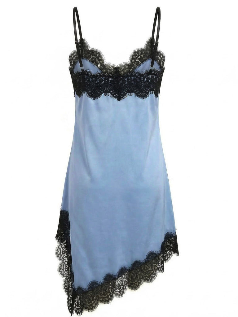 Dark Blue 1960s Satin Lace Spaghetti Strap Nightgown - vintage lingerie, retro nightgown, elegant sleepwear for vintage lovers
