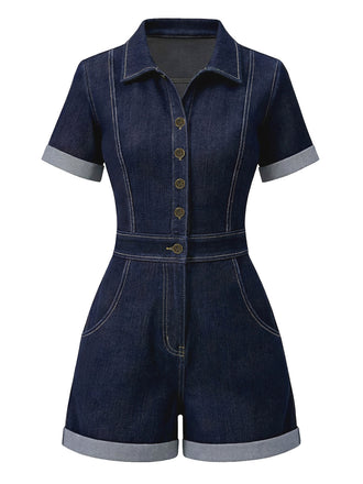 Dark Blue 1960s Shirt Collar Denim Romper - vintage jumpsuit, retro fashion