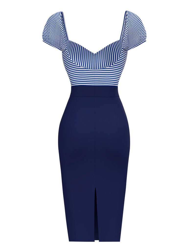 This Dark Blue 1960s Striped Puff Sleeves Pencil Dress wraps her in 1960s elegance, one twirl at a time