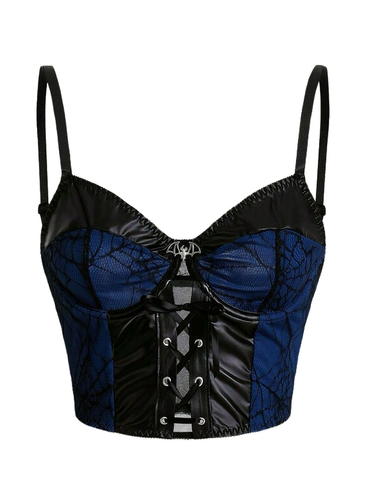 Dark Blue 1980s Punk Lace Patchwork Corset Top - vintage fashion, retro style