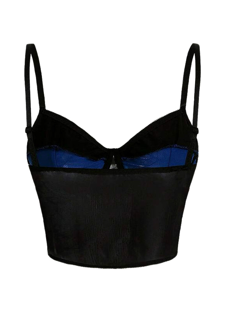 Dark Blue 1980s Punk Lace Patchwork Corset Top - vintage fashion, retro style