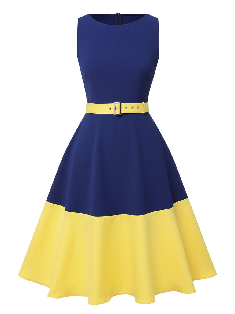 Dark Blue & Yellow 1950s Solid Boat Neck Dress, vintage dress, retro fashion, rockabilly, pin-up fashion - perfect for women who love vintage and retro fashion