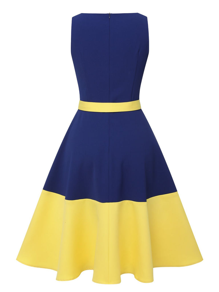 Dark Blue & Yellow 1950s Solid Boat Neck Dress, vintage dress, retro fashion, rockabilly, pin-up fashion - perfect for women who love vintage and retro fashion