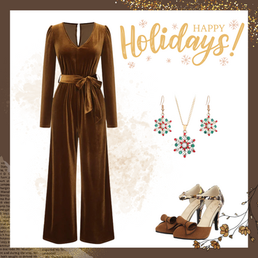 She finds her 1930s story in this Dark Brown 1930s Solid V-Neck Velvet Jumpsuit