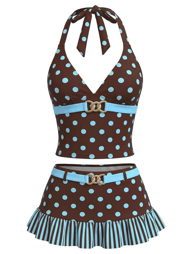 Dark Brown 1950s Polka Dot Tankini Set - vintage fashion, retro style
