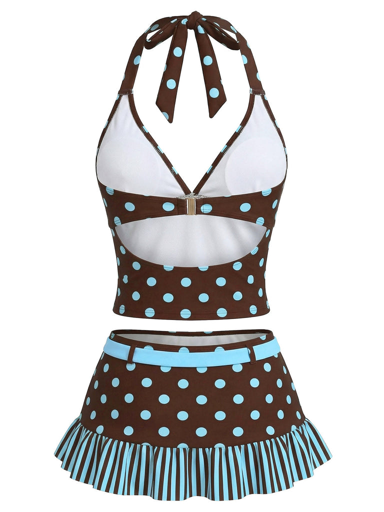 Dark Brown 1950s Polka Dot Tankini Set - vintage fashion, retro style