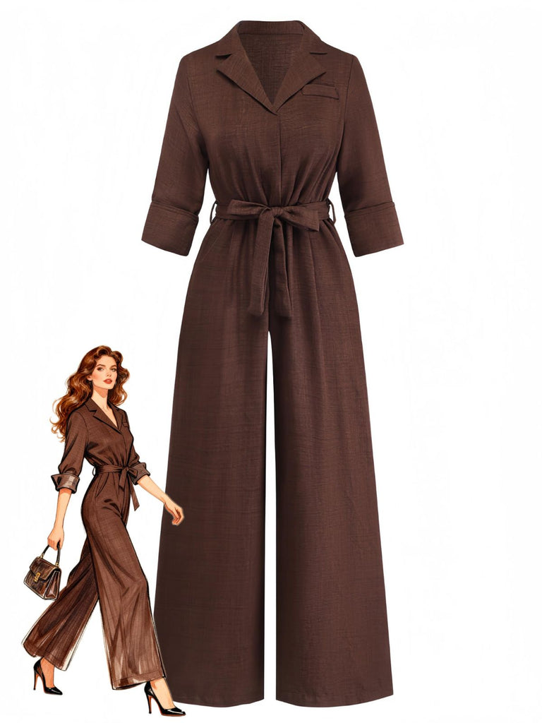 Dark Coffee 1950s Lapel Collar Belted Wide Leg Jumpsuit, vintage romper, retro jumpsuit - perfect for women who love vintage and retro fashion