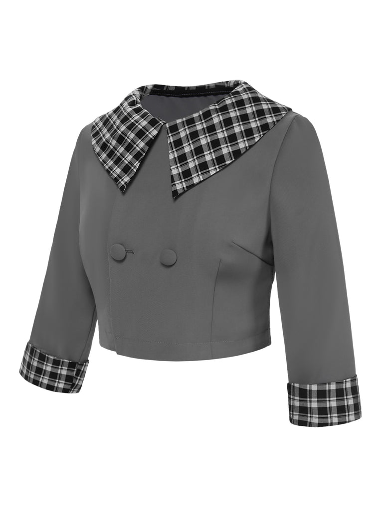 Dark Gray 1950s Lapel Rolled Sleeve Plaid Short Coat, vintage coat, retro outerwear - perfect for women who love vintage and retro fashion