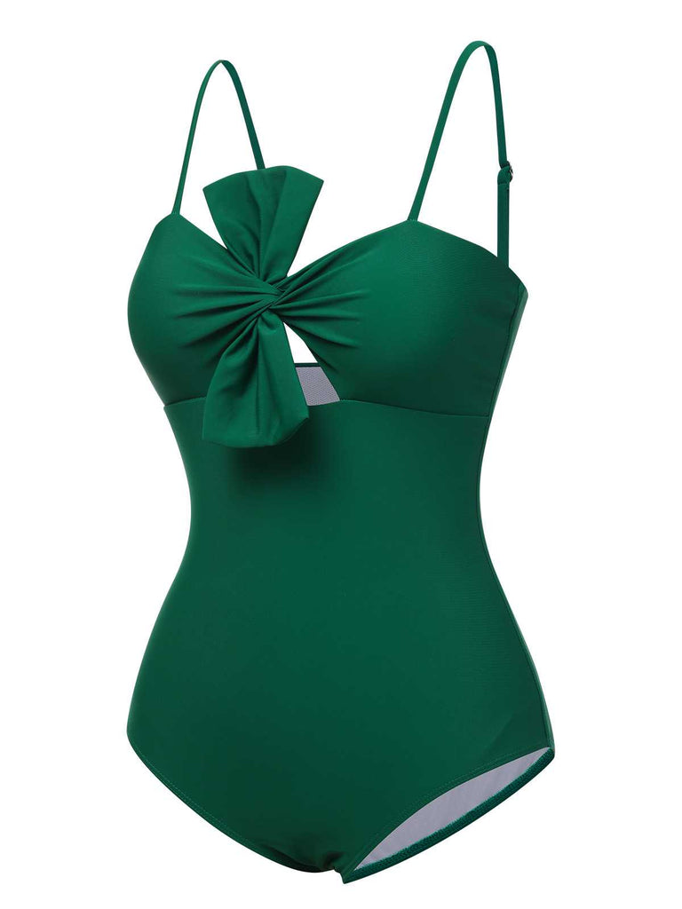 Dark Green 1940s Bow Spaghetti Strap Swimsuit: 1940s Riviera elegance, reimagined for her
