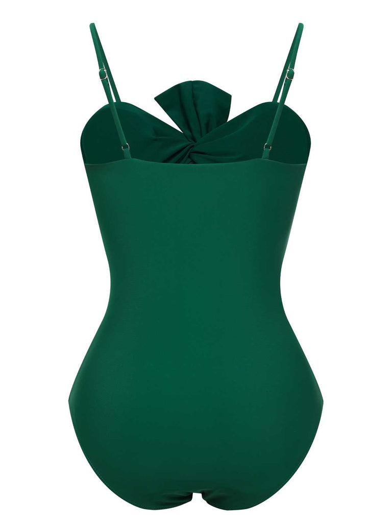 This Dark Green 1940s Bow Spaghetti Strap Swimsuit carries 1940s vacation dreams in every stitch