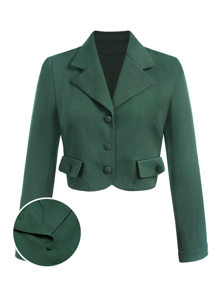 She throws on this Dark Green 1940s Lapel Button Cropped Blazer and the city feels like 1940s Paris