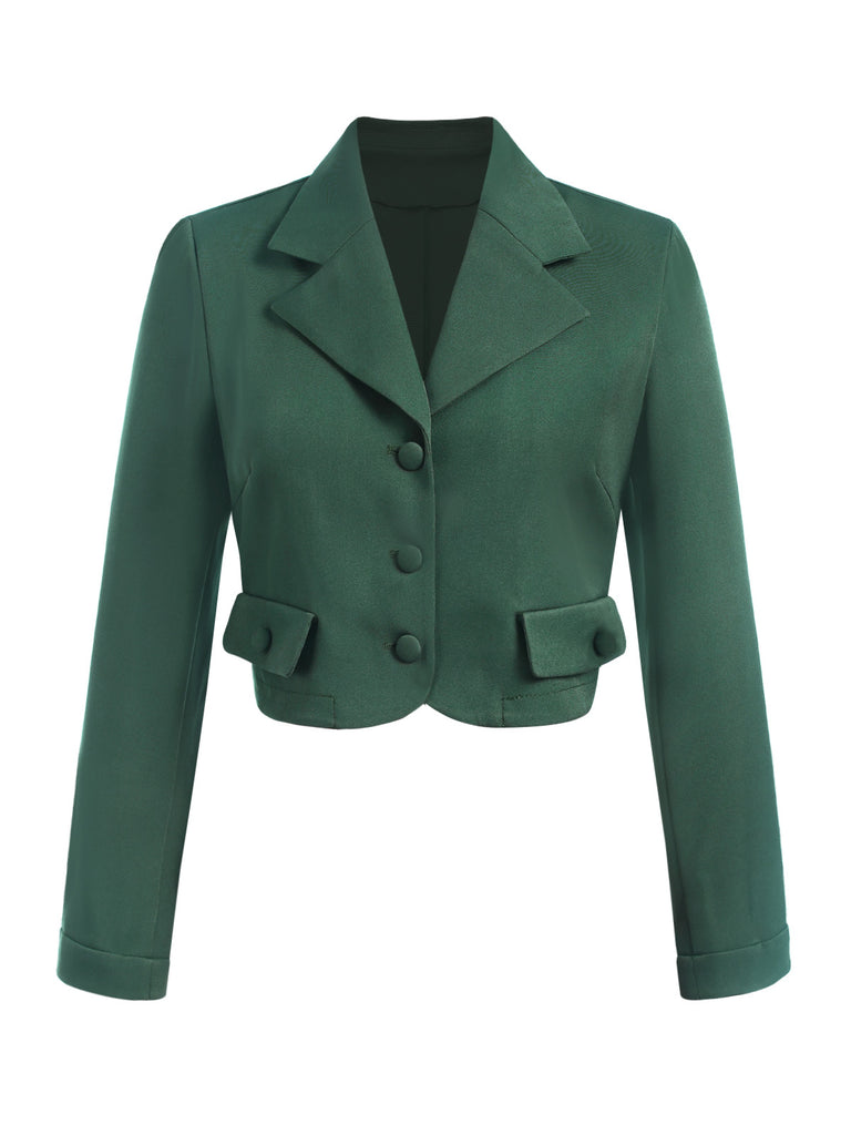 Dark Green 1940s Lapel Button Cropped Blazer: 1940s tailoring for the woman who leads