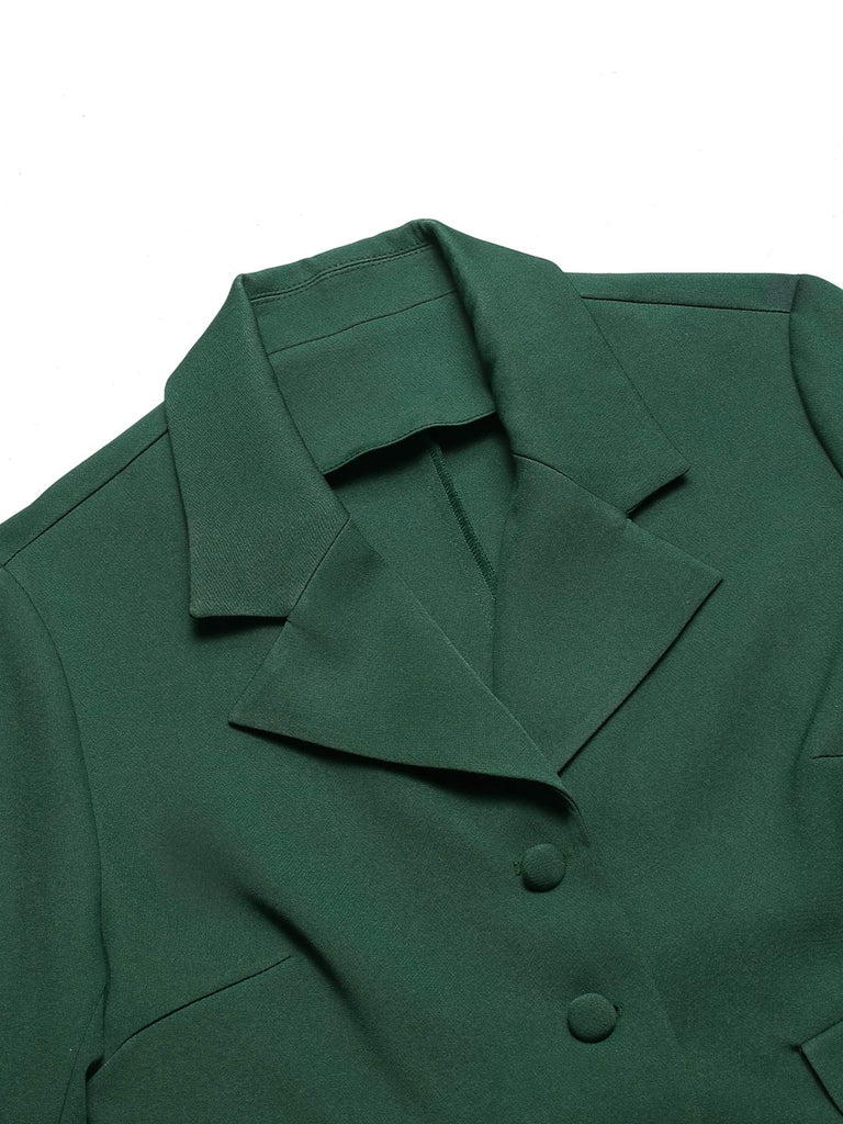 Dark Green 1940s Lapel Button Cropped Blazer — 1940s sophistication that wraps her in quiet power