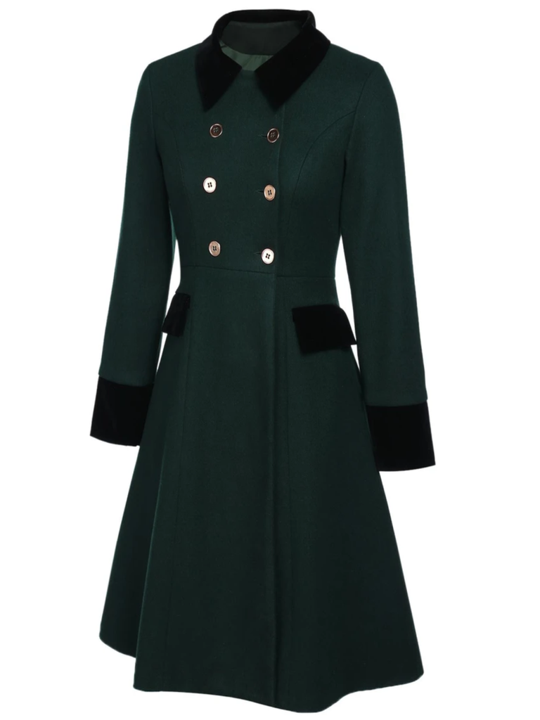 Dark Green 1940s Solid Button Coat — 1940s style that speaks before she does