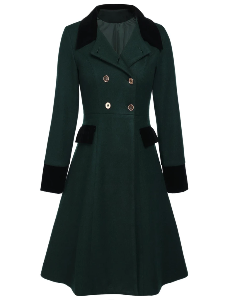 She throws on this Dark Green 1940s Solid Button Coat and the city feels like 1940s Paris