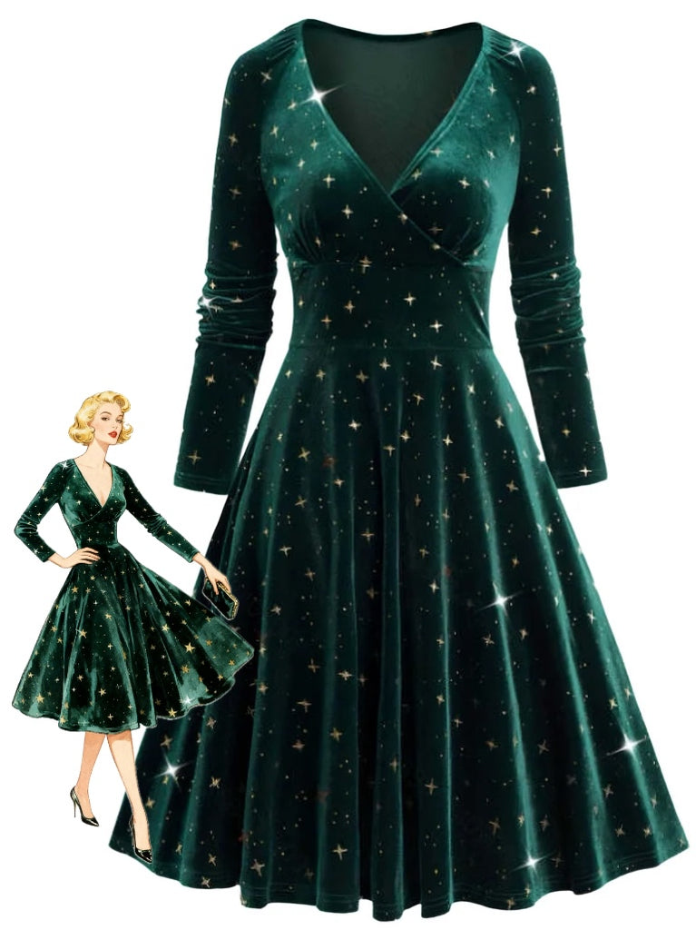 Dark Green 1940s V-Neck Star Velvet Dress - vintage dress, retro fashion