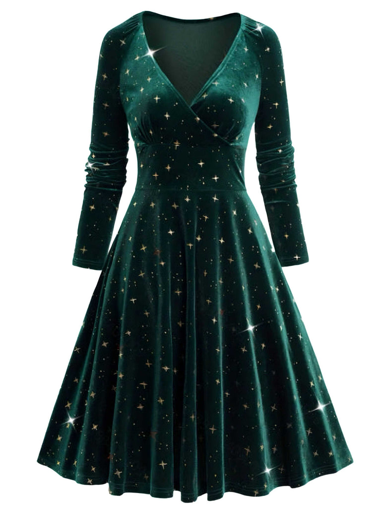 Dark Green 1940s V-Neck Star Velvet Dress - vintage dress, retro fashion
